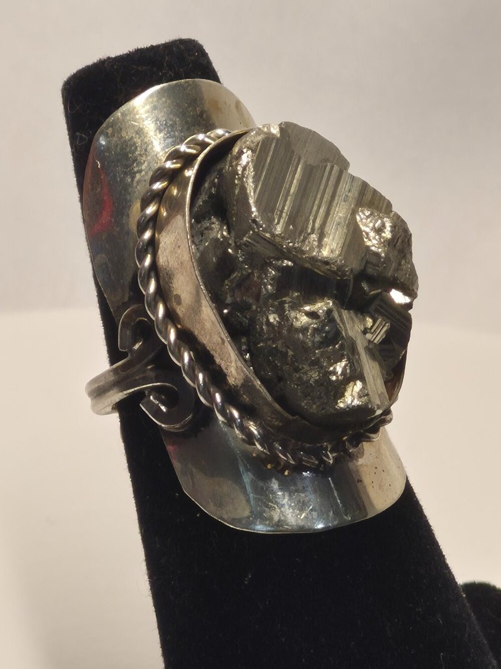 Alpaca Silver Raw Pyrite Nugget Ring Artisan Crafted Adjustable Bohemian Style